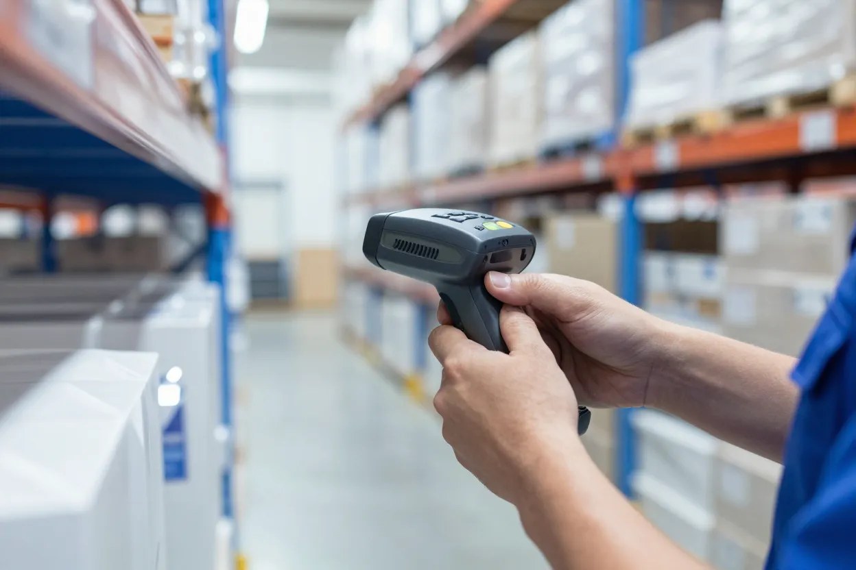 Χέρια εργαζόμενου με φορητό τερματικό barcode σε ράφια αποθήκης