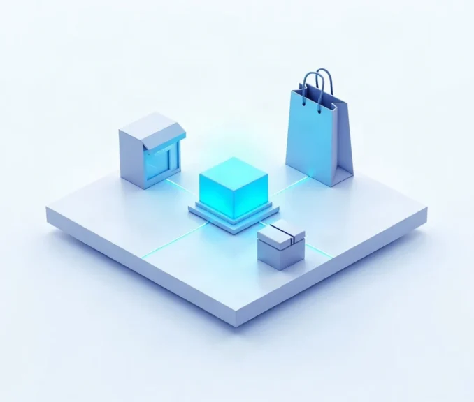 Ισομετρική απεικόνιση σύνδεσης e-shop με ERP: κεντρικός κόμβος συνδεδεμένος με τσάντα αγορών, κατάστημα και δέμα