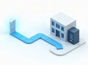 Ισομετρική απεικόνιση ηλεκτρονικού παραστατικού που ταξιδεύει σε μπλε διαδρομή προς γραφείο με server
